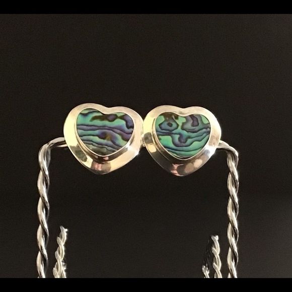 Sajen Jewelry - Vintage Sajen Abalone Inlaid Paua Shell Heart Clip On Earrings in 925 Sterling